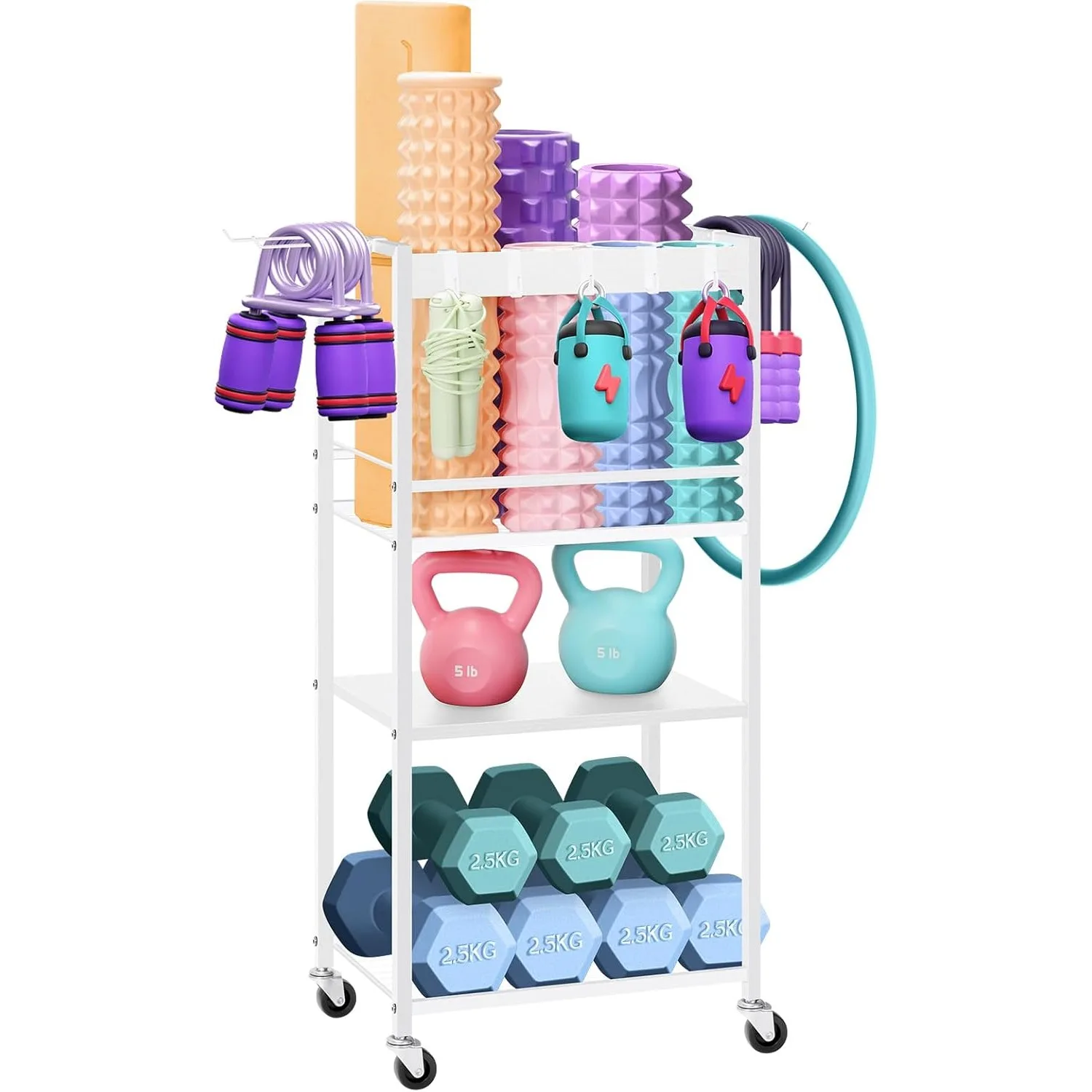 

Multi-Function Heavy Duty Home Gym Storage Rack (Steel Frame) - Holds Dumbbells/Kettlebells/Yoga Gear with Wheels & Hooks