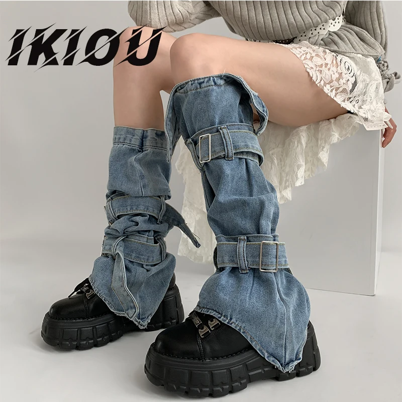 

IKIOU Irregular Leg Warmers Made of Washed Denim, Y2K Style with Perfect Leg Shaping thigh slimmer long socks lolita