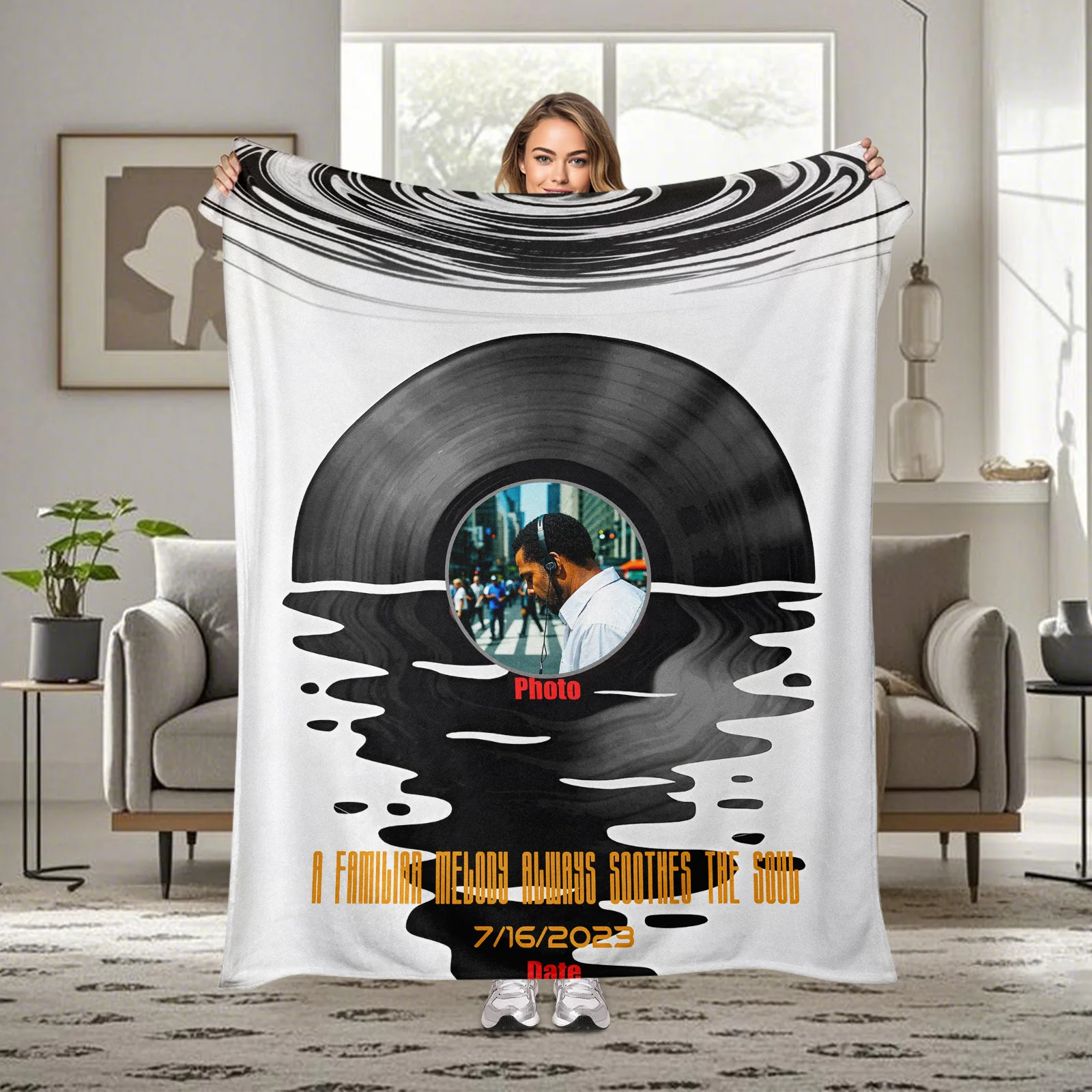 Custom Black Vinyl Record Blanket With Water Ripple And Ink Wash Design For Music Lovers Home Decor Inspired By Melodic Waves