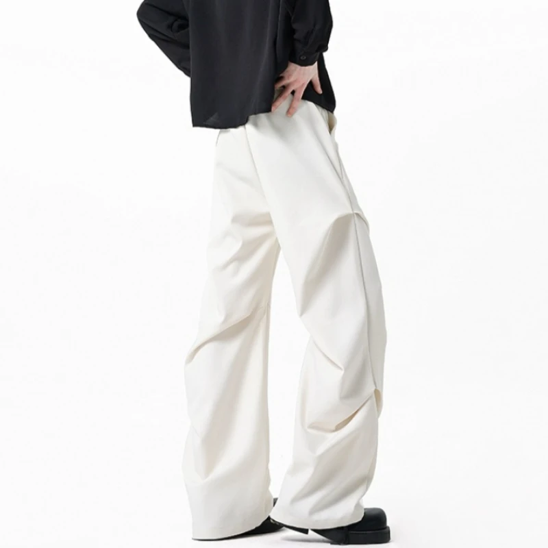American White Flared Suit Trousers Men Drape Pleated Loose Straight Casual Dress Pants Summer Thin Business Casual Pants Men