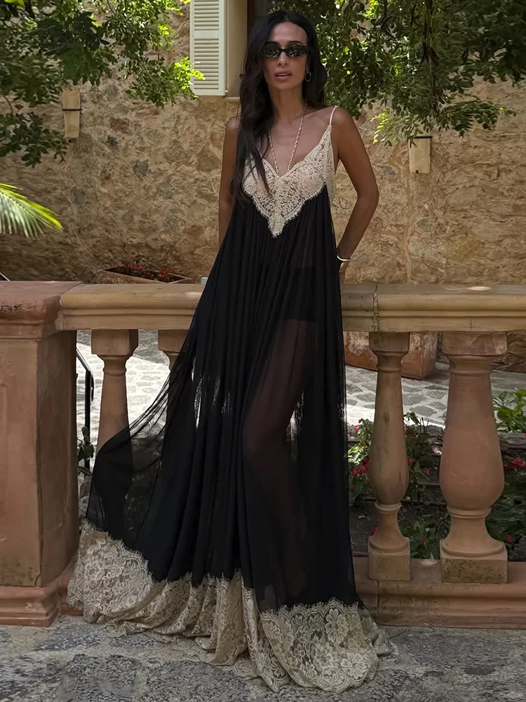 Nibber Backless Dress Women Sexy Jacquard Patchwork Fashion See Through Low-Neck Sleeveless Trend Vacation Party Long Bodyocn