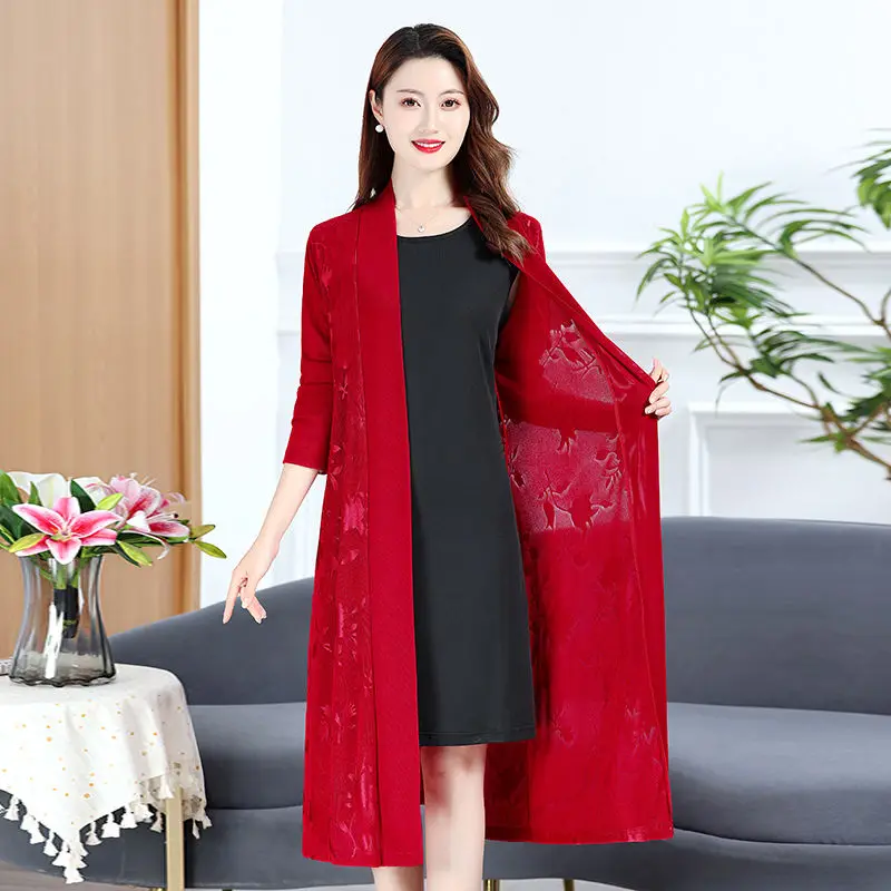 5XL Mesh Jacquard Windbreaker For Middle-Aged Women Long Shawl Cardigan Summer Mothers Sunscreen Clothes Thin Gauze Cloak Female