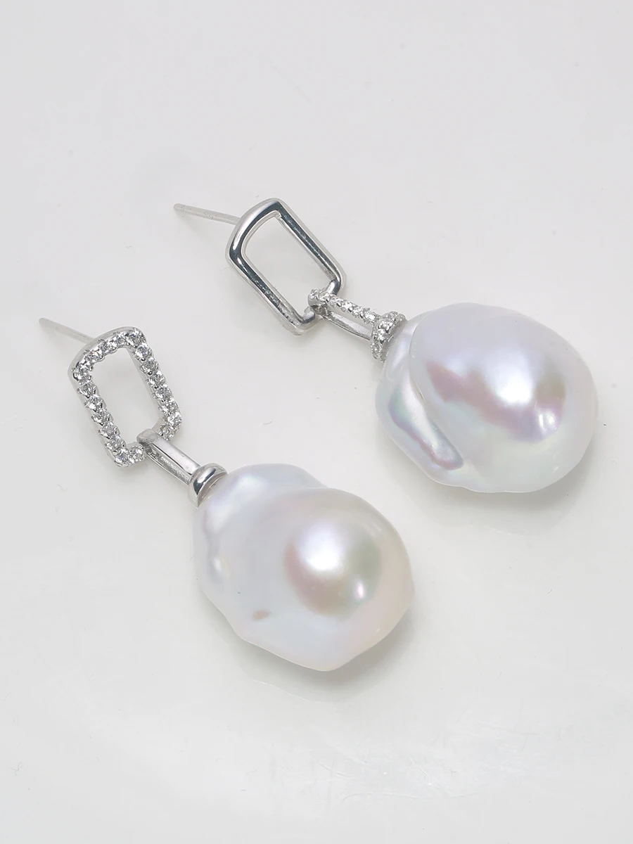 

Jane Jewelry 925 Sterling Silver 100% Natural Freshwater Baroque Pearl Earrings 15-23MM Zircon Mosaic Two Wear styles EAU