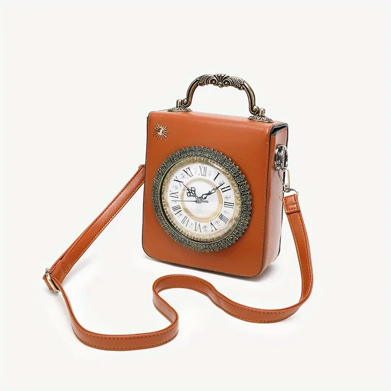 Fashionable handbag embroidered clock pattern magnetic buckle design, non washable battery powered clock function