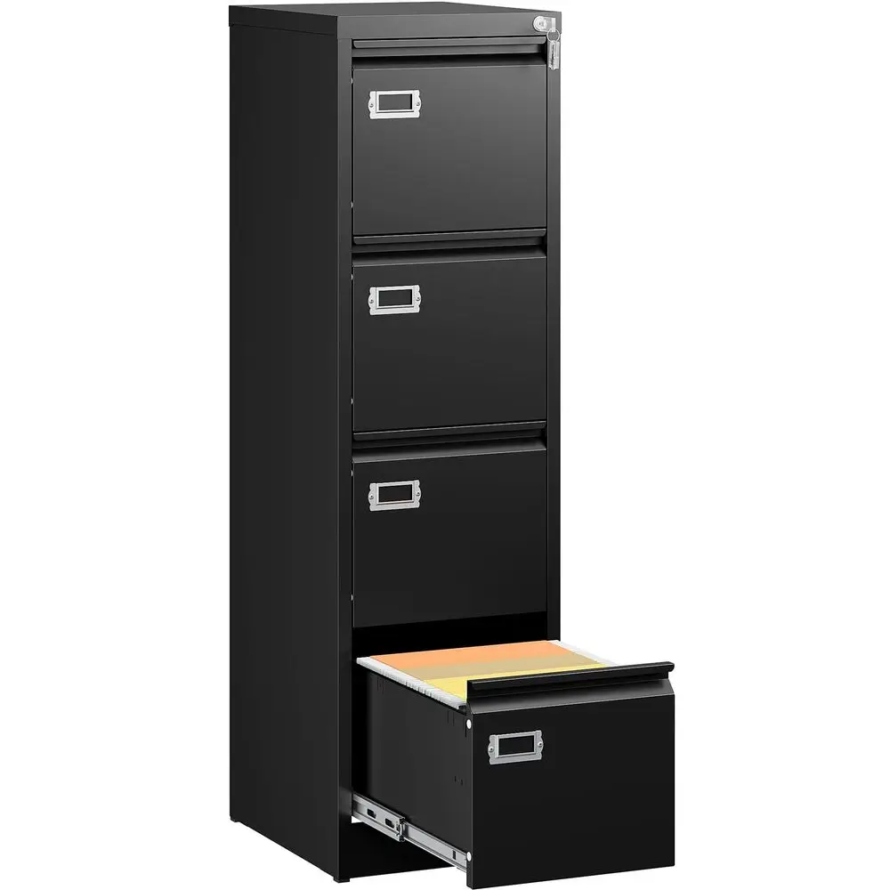 4 Drawer File Cabinet with Lock and Tag,Black Vertical File Cabinet,Narrow Locking Filing Cabinets with Drawers,Metal Filing St