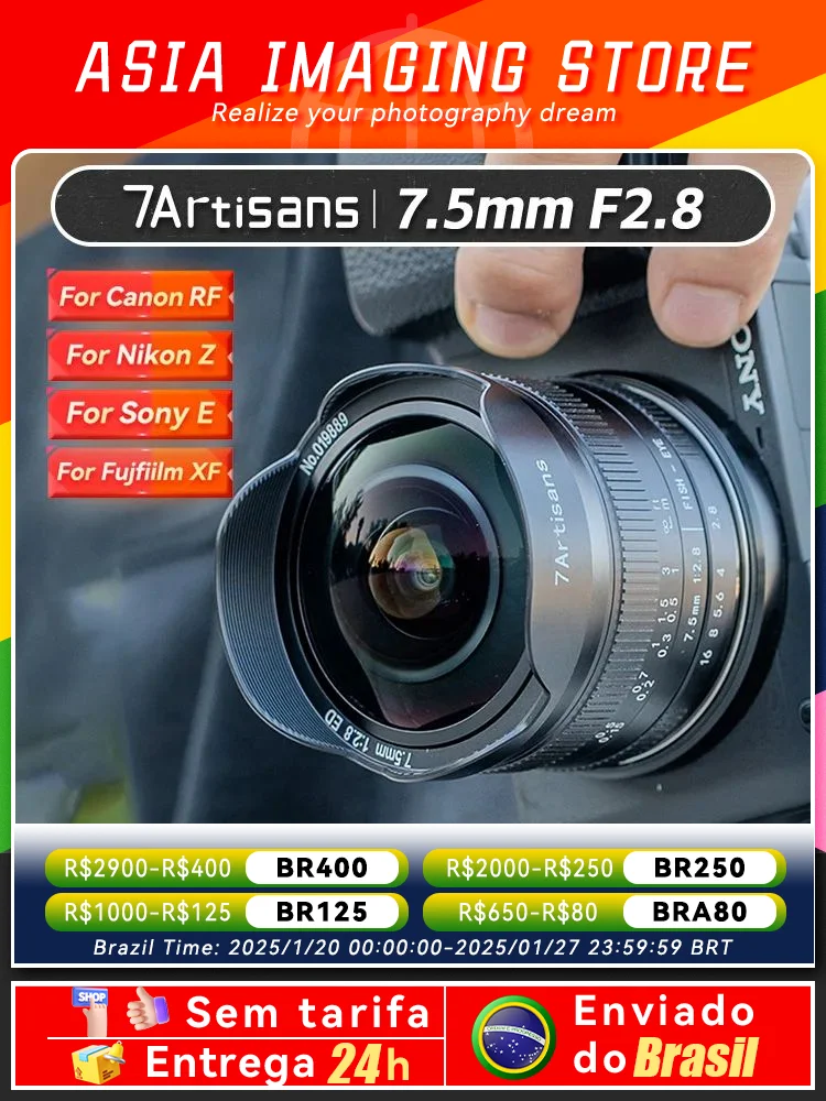 【 Do Brasil 】7Artisans 7.5mm F2.8 II Large Aperture fisheye camera lens  for Sony E A6500 A6400 A6600 ZV-E10 FX30 7.5 2.8