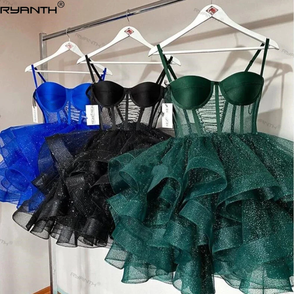 Ryanth Spaghetti Straps Tulle Homecoming Dress for Teens 2024 Mini Cocktail Dress Short Tiered Ball Gown Illusion robes de soiré