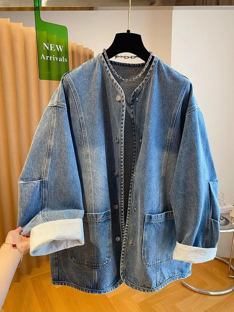 Vintage mujer azul cuello pico elegante chaquetas vaqueras sueltas Otoño Invierno solo pecho vacaciones Denim abrigo Tops moda ropa de calle