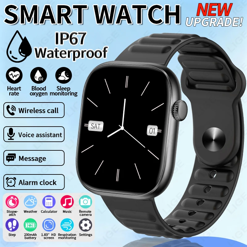 

Новые умные часы LIGE для мужчин с Bluetooth-вызовами, HD-экраном 1,83 дюйма, настраиваемым циферблатом, функциями спорта и фитнеса, управлением музыкой, водонепроницаемые смарт-часы