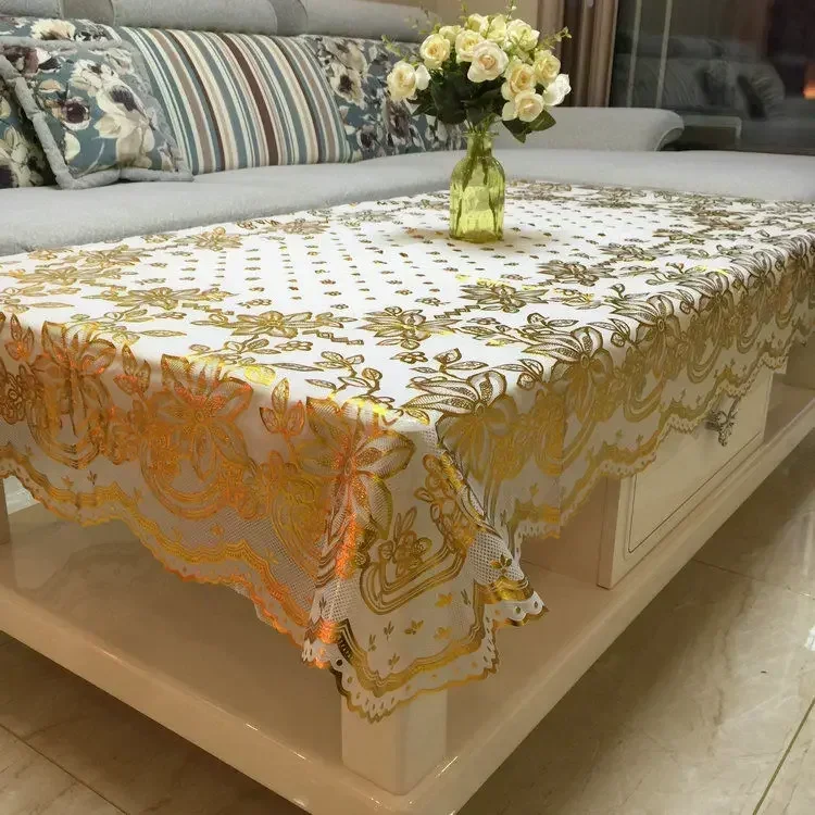 Gilded Table Cloth PVC Coffee Table Mat Waterproof, Scald Oil Resistant Golden Flowers Style Minimalist Plastic Tablecloth