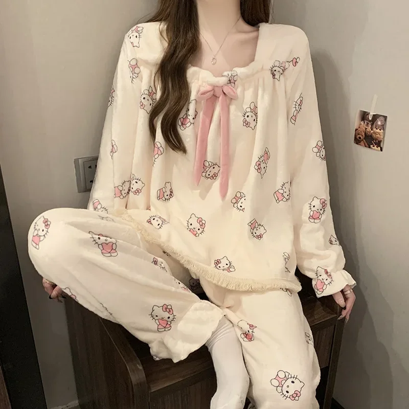 

New Sanrio Hello Kitty Cute Women Pajamas Cartoon Anime KT Cat Long-sleeved Pants Two-piece Loose Leisure Can Go Out Homewear