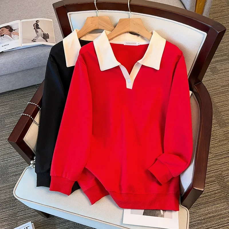 100/150/175kg new big Size women clothing solid show Slim Loose  Long Sleeve Polo Collar Sweatshirt women hoodies 6XL 7XL