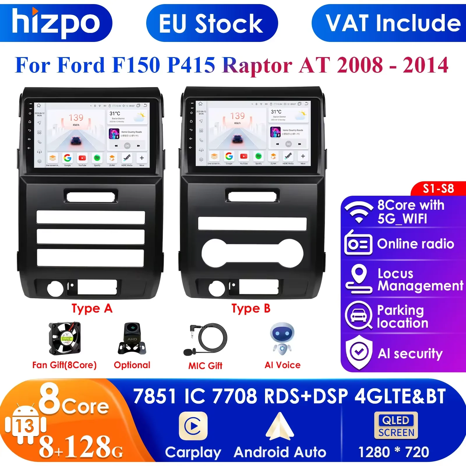 For Ford F150 P415 Raptor 2008-2014 2Din Android 13 Car Radio Stereo Screen Multimedia Player Navigation GPS Autoradio Head Unit