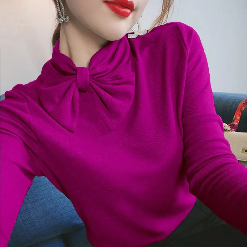 

Fashion Bow Half High Collar Solid Color T-shirt Autumn Winter Korean Commute Long Sleeve Women's Slim All-match Knitted Tops