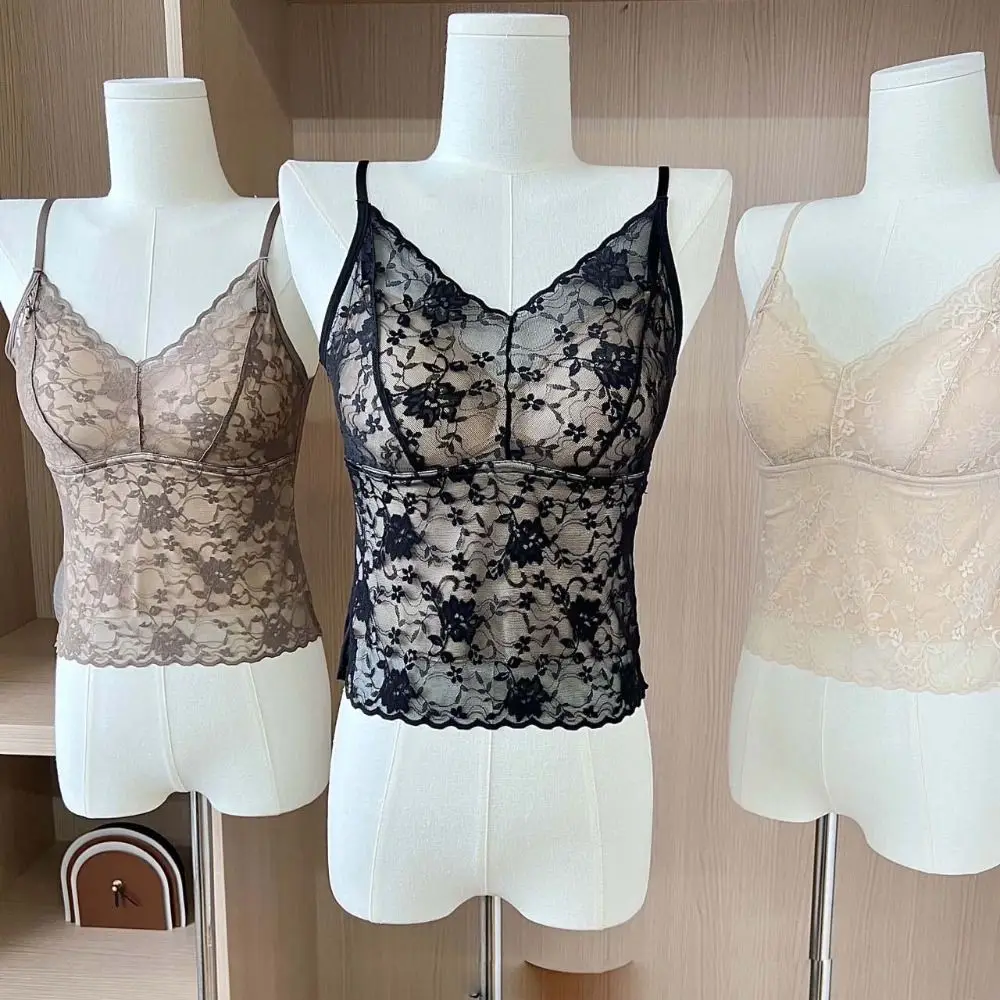 Breathable Mesh Flower Lace Camisole Crop Top V-neck With Pads Beauty Back Bra Vest Hollow Sleeveless Wrapped Chest Bra Lady