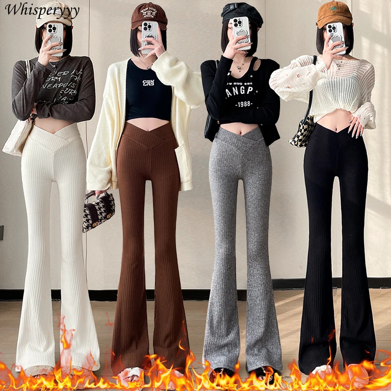 

Flared Pants Women Autumn Winter New Strip Velvet Cross High Waist Elastic Casual Trousers Female Fashion Solid Sweatpants