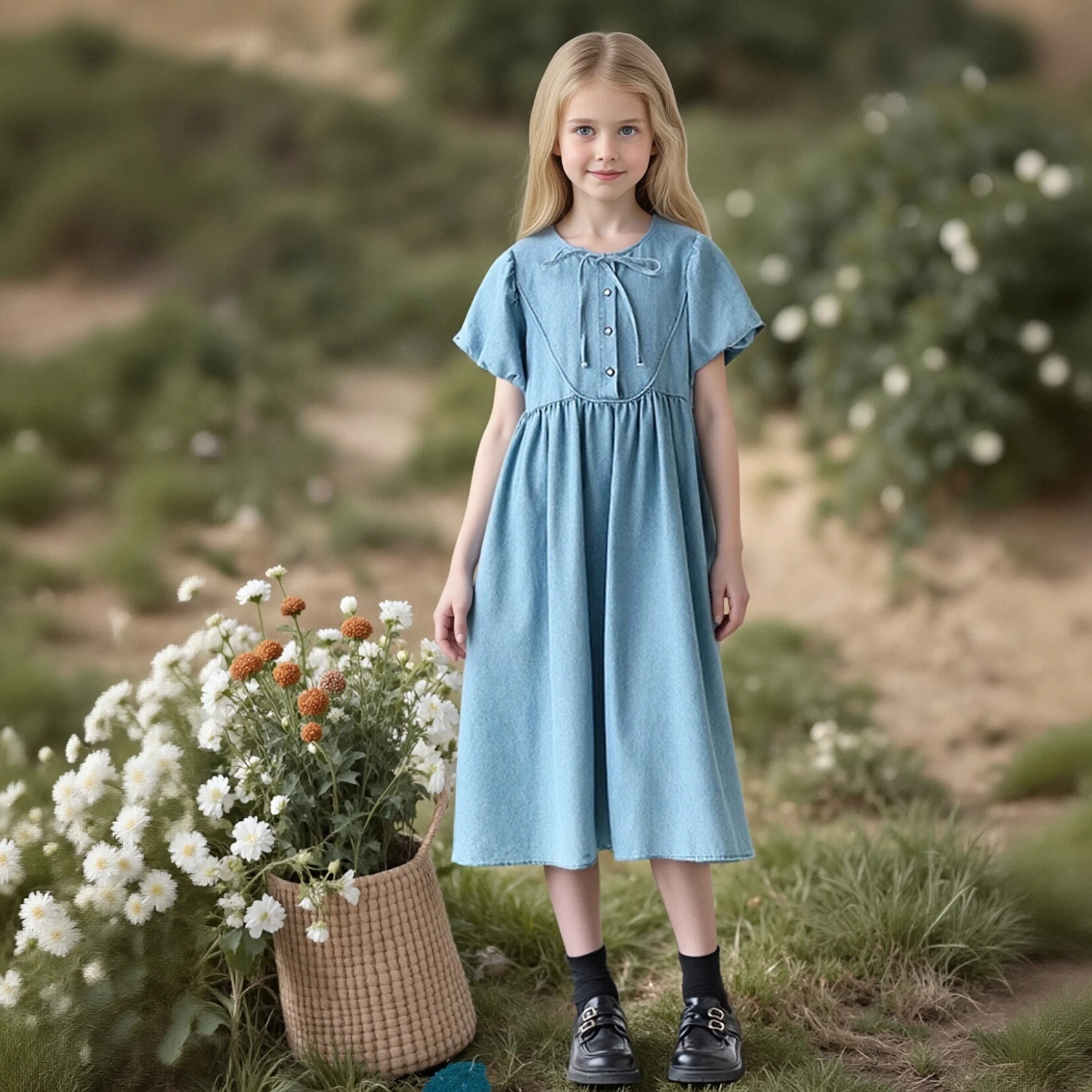 

Girls Light Blue Denim Midi Dress - Puff Sleeve Bow Tie Neck A-Line Casual Dress for Kids 6-14 Year Washed Denim Summer Sundress