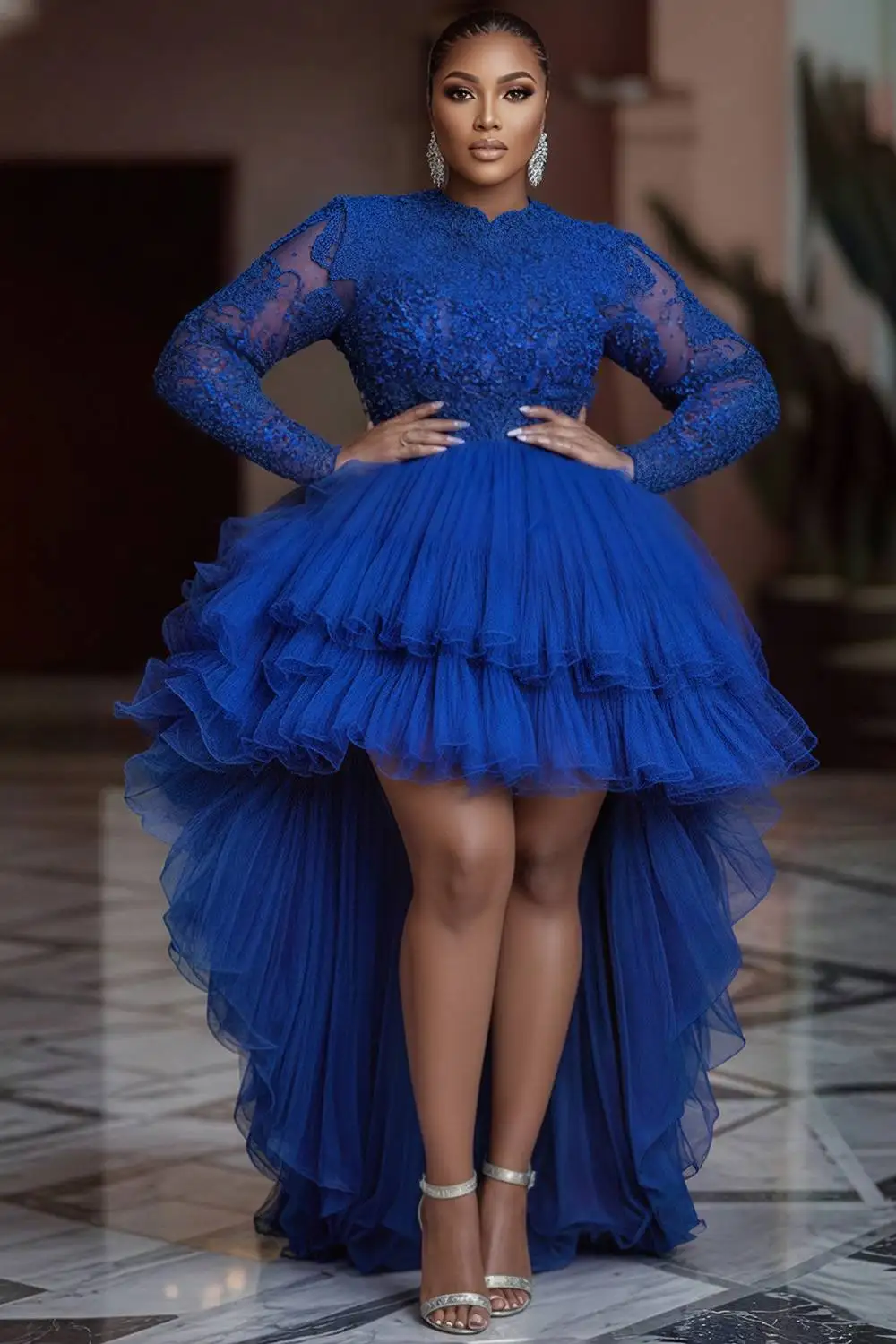 

Plus Size Formal Tulle Royal Blue Round Neck Long Sleeve High Low Hem Elegant See Through Lace Maxi Dresses