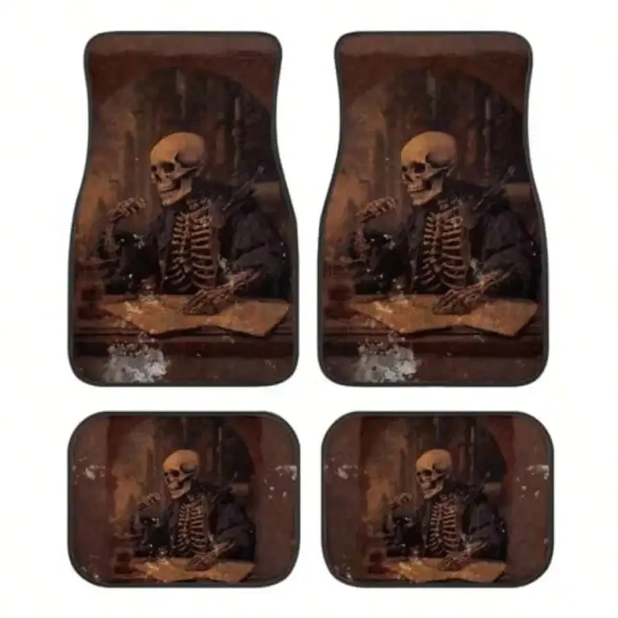 

Brown Skull Print Skull Car Floor Mats Suitable For Cars SUVs TrucksFront And Rear Automotive Floor Mats 4 Pieces
