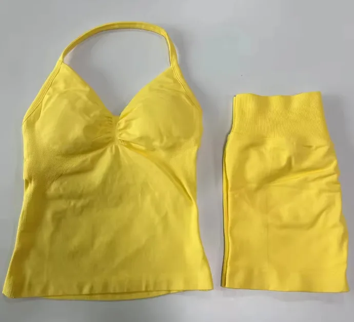 

Seamless Backless Women's 2-Piece Padded Halter Push-Up Top Ruched Butt-Lifting Gym Shorts Set Workout Activewear