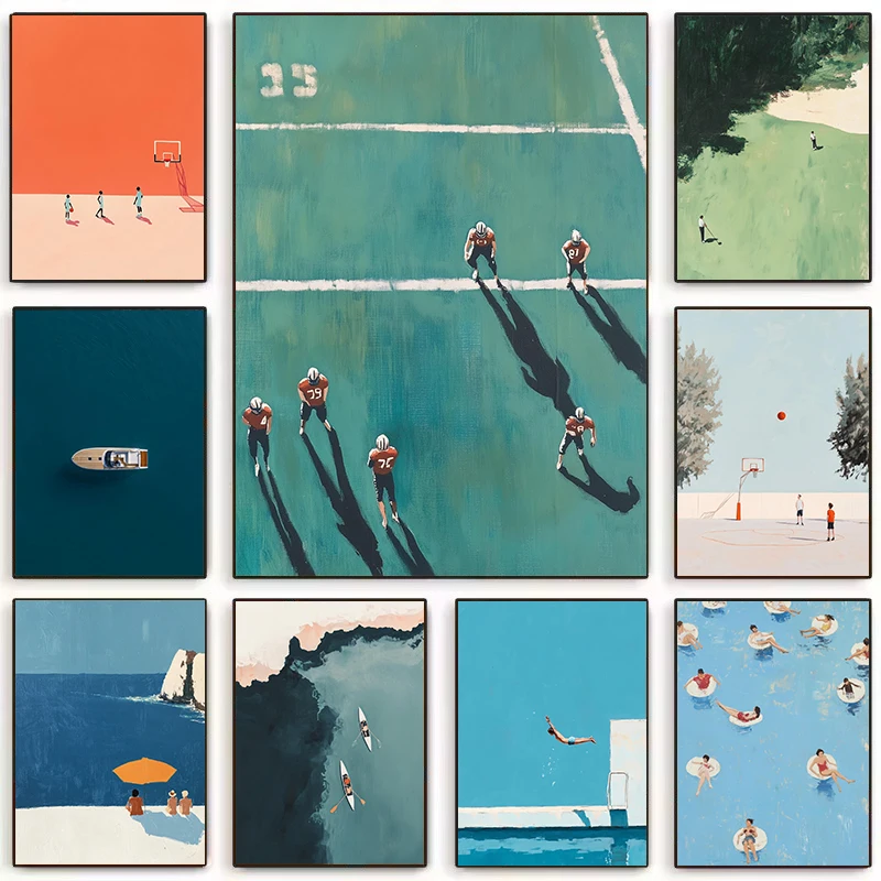 Minimalist Sports Tiny Ball Player Summer Swimming Pool Green Ocean Poster Canvas Painting Wall Art Pictures Home Interior Decor