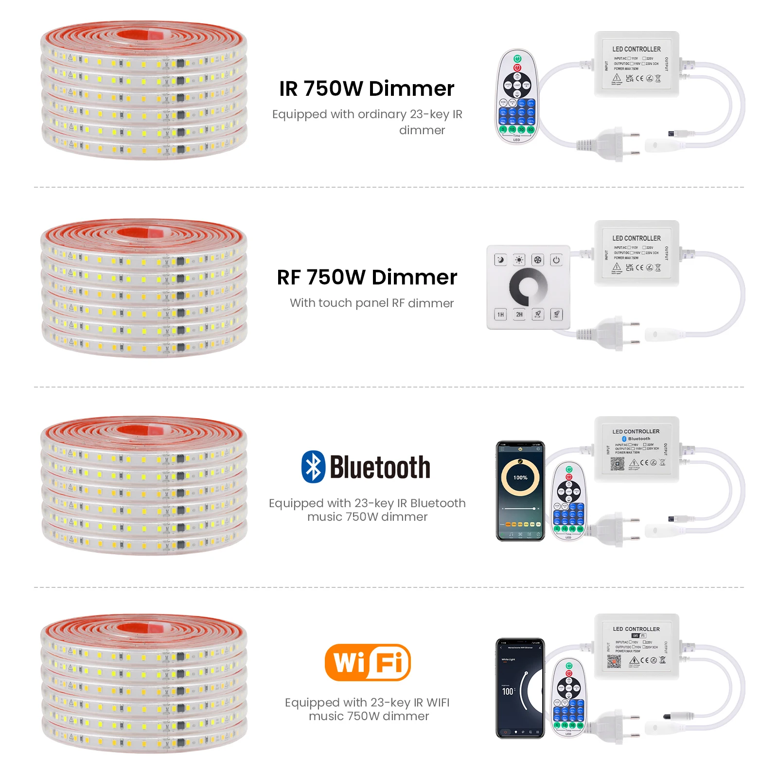 Tuya WIFI Bluetooth Dimmable 220V 2835 LED Strip With Adhesive Tape Flexible Warm Natural White Red Blue Pink Home Light Strips