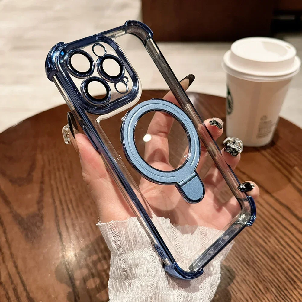 Luxury Magnetic Stand Plating Shockproof Clear Case For iPhone 15 16 Pro Max 14 13 12 11 X XS Corners Reinforced Protector Cover