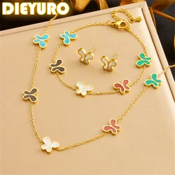 DIEYURO 316L Stainless Steel Colorful Shells Patterned Butterfly Necklace Earrings Bracelet Suit Girl New Trend Jewelry Gift Set