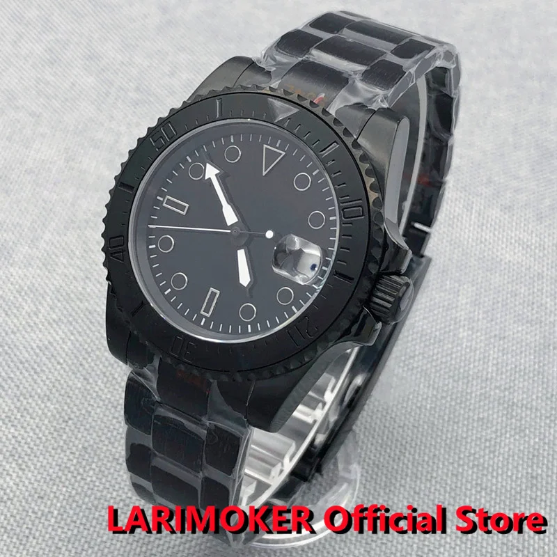 

LARIMOKER 40mm PVD Black Watch Men Automatic NH35A PT5000 Movement Black Index Luminous Dial Insert Screw Crown Oyster Bracelet