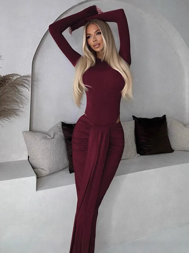 Set da 2 pezzi alla moda elegante da donna, body skinny a maniche lunghe con scollo a O + gonne a nastro con volant, abito semplice quotidiano per le vacanze