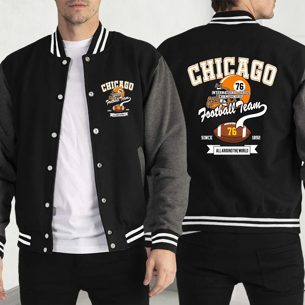Chicago Football Team Sport Print Streetwear Men Vintage Jacket All-Match Fashion Loose Pocket Coat Unisex Baseball Jersey