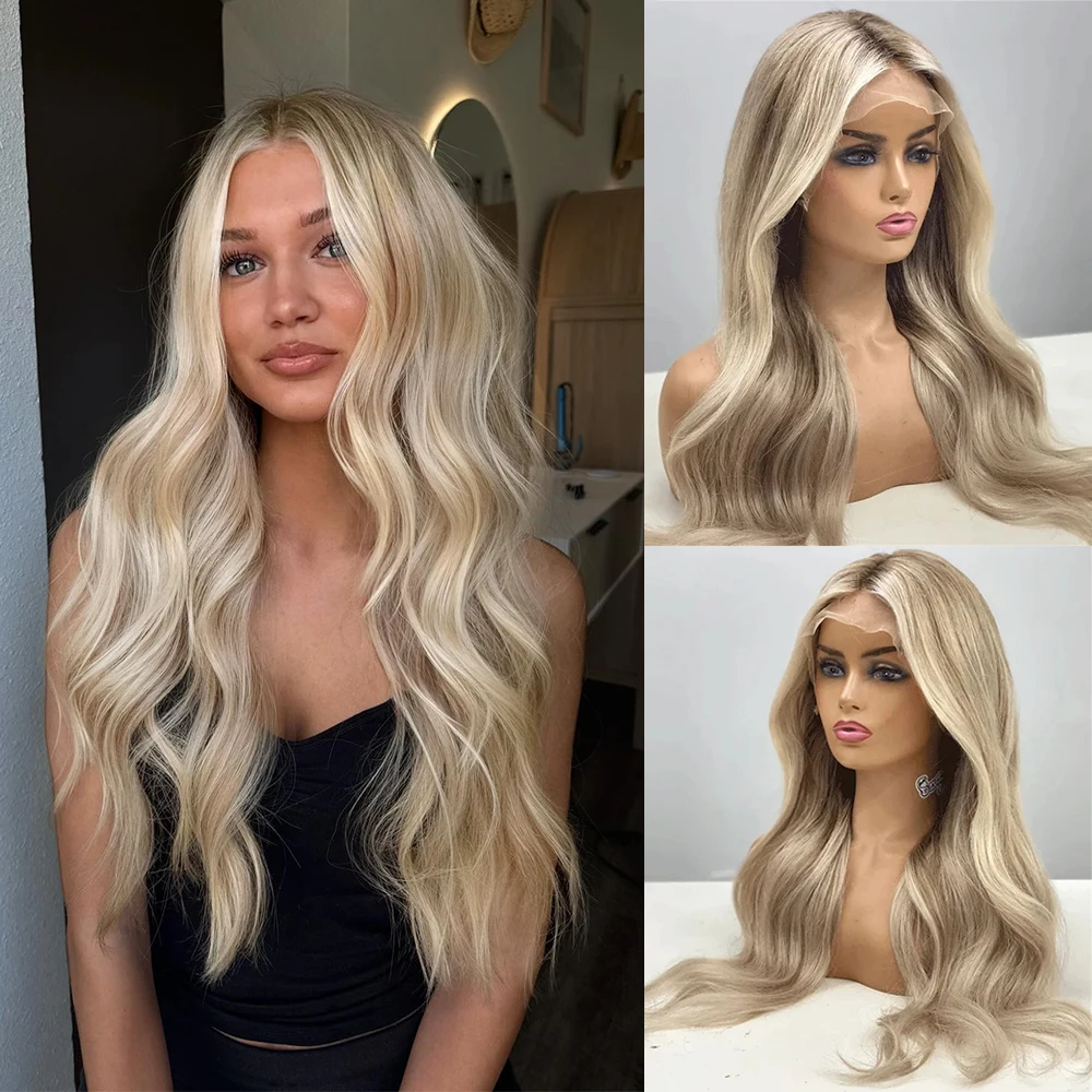 

Creamy Blonde Balayage Wig Long Loose Wave Ombre Ash Roots Synthetic Wig Futura Fiber Synthetic HD Lace Front Wig for Ladies