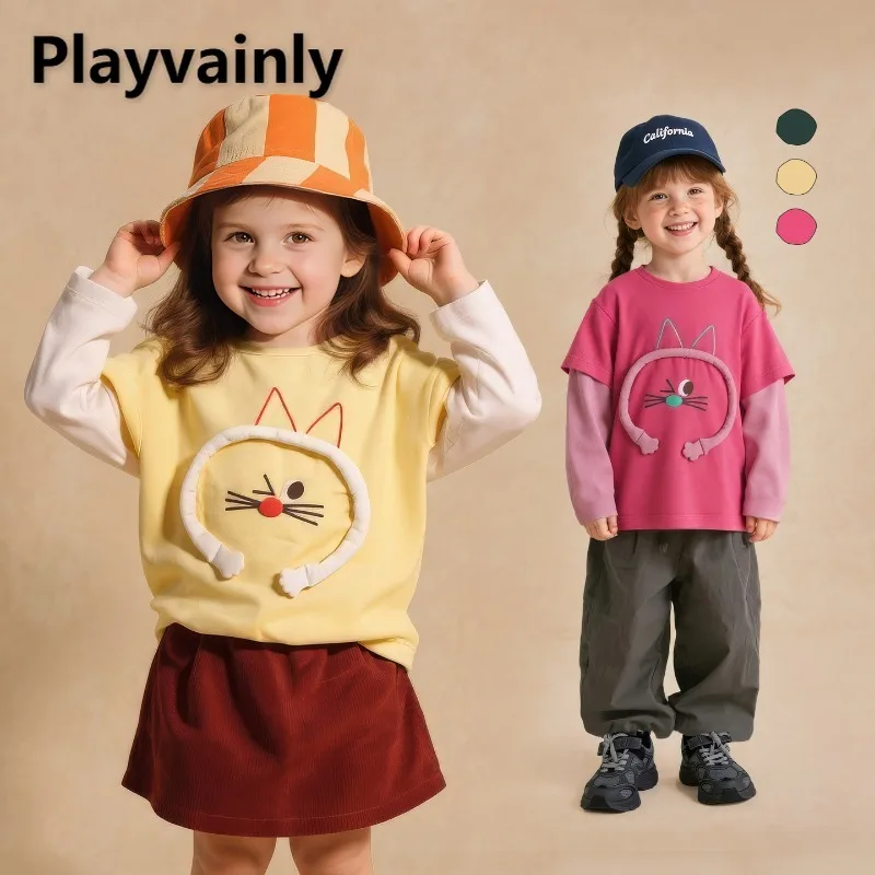

2026 New Spring Autumn Children Fake Two-piece T-shirt Boys Girls Patchwork Long Sleeve O-neck Cartoon Tops Kids Clothes X5330