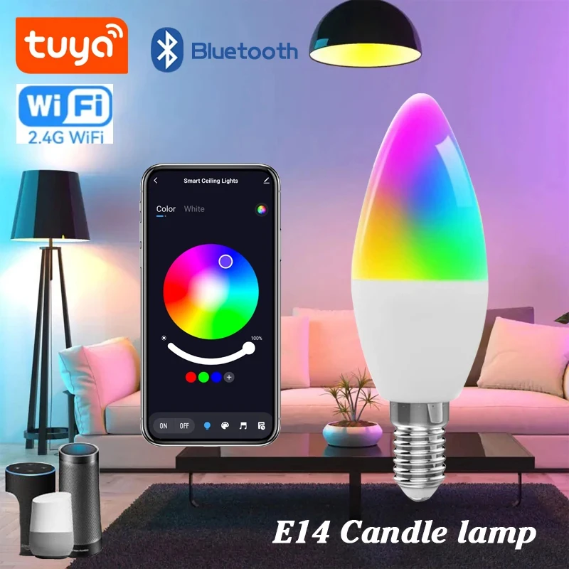 Tuya Smart Life E14 WiFi Bluetooth Smart Candelabra Bulbs 5W RGB+CW LED Lamp 220V Dimmable Lamps Alexa, Google