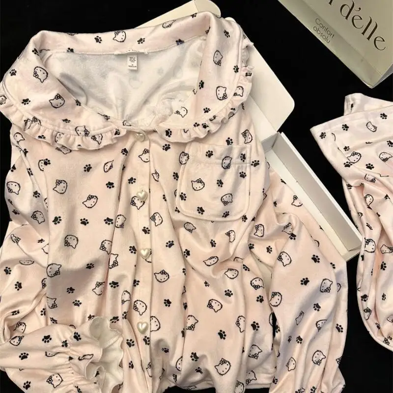 

Sanrio Hello Kitty Pajamas 2 Piece Sets Kawaii Cartoon Women's Winter Warm Sleepwear Long Sleeve Pant Nightwear Home Clothes New