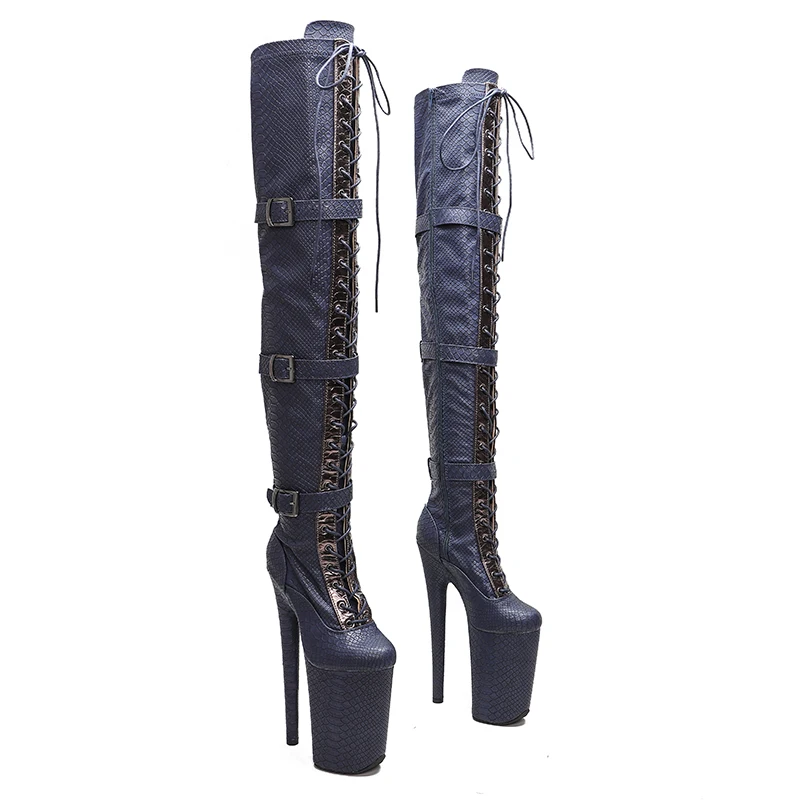 Leecabe  23CM/9inches Navy Snake  PU Upper  fashion  lady High Heel platform  Pole Dance boots