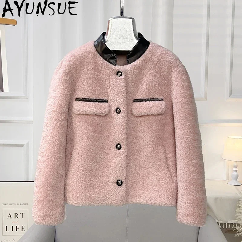 

2024 AYUNSUE New Autumn Winter Lamb Wool Jacket for Women Korean Style Polo Collar Short Sheep Shearing Coat Roupas Femininas