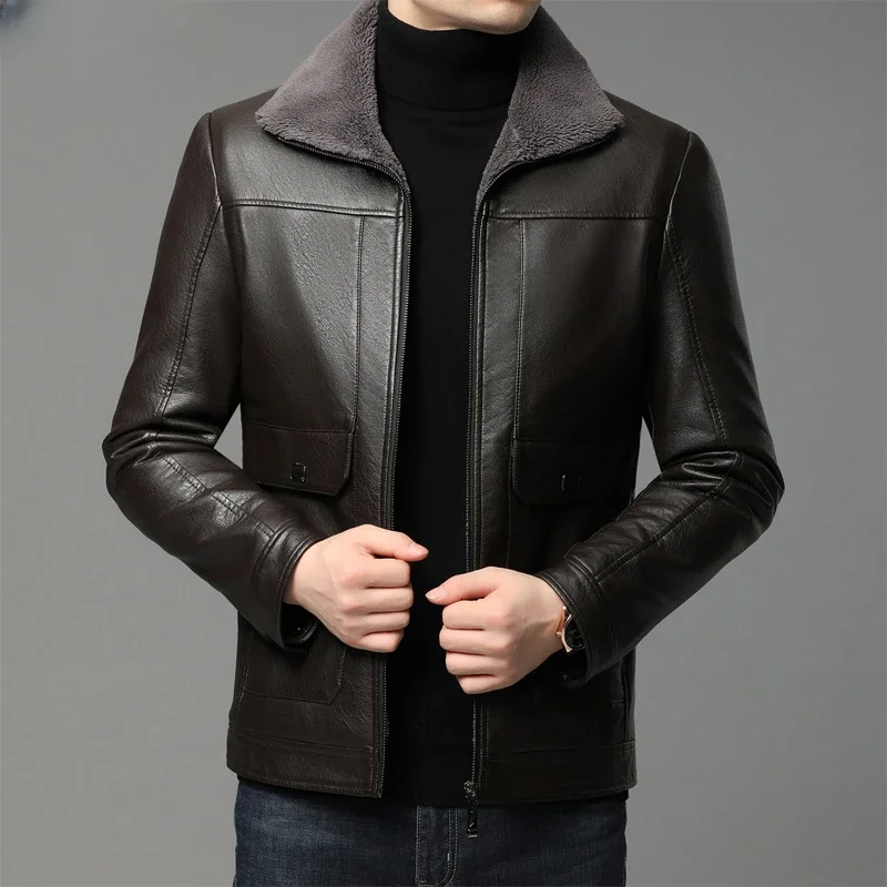 Men's Winter Jacket Lapel Genuine Leather Jackets for Men 2023 Casual Business Warm Coat Male Fashion Plush Coats Jaqueta Couro