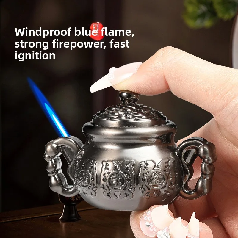 

High Aesthetic Blue Flame Metal Lighter Creative Treasure Spinning Pot Stress Relief Direct Charging Cigarette Accessory Tool