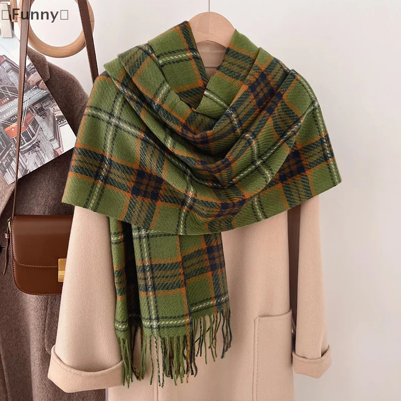 ómGrappig zas Sjaal Dames Winter Imitatie Kasjmier Plaid Modieus en veelzijdig Warm Student Ins Kwastje Sjaal