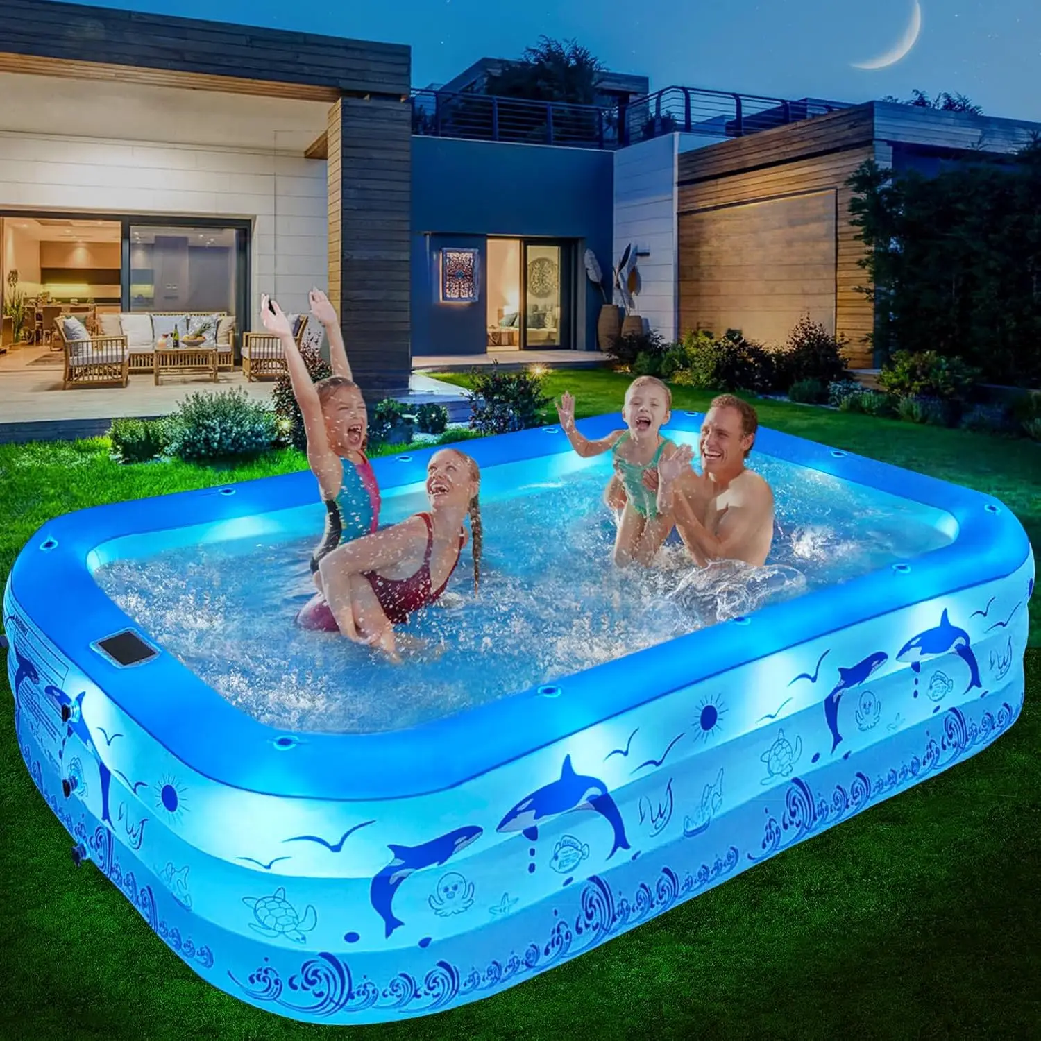 Piscine gonflable avec lumières, piscine gonflable familiale améliorée 2024 pour enfants et adultes, piscine gonflable solaire 62, grande piscine pour enfants