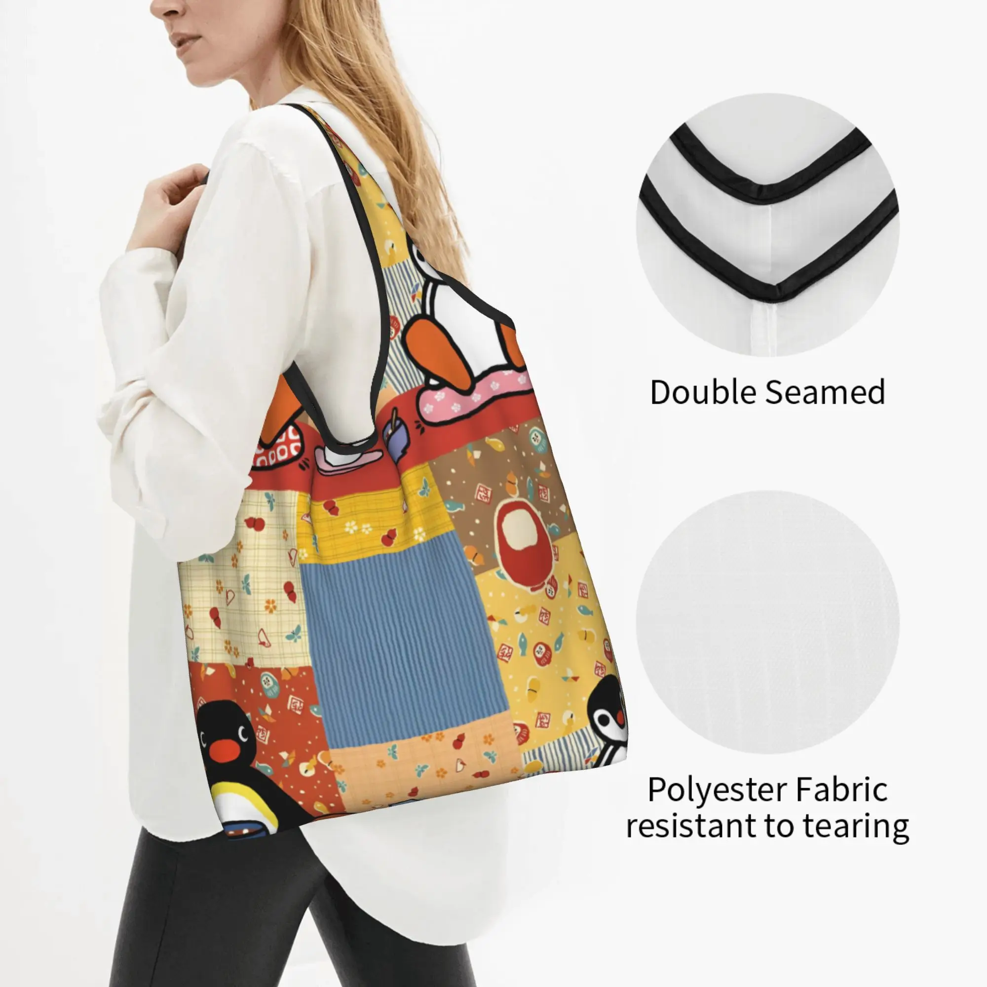 Custom Penguin Cartoon Manga Shopping Bag Women Portable Large Capacity Grocery Classic Shopper Tote Bags