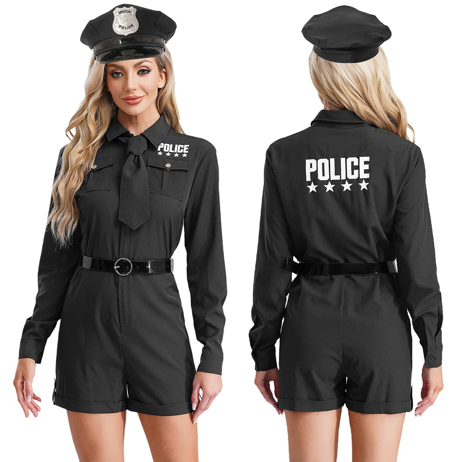 

Women Dirty Cop Police Uniform Halloween Theme Party Policewomen Cosplay Costume Long Sleeve Zipper Bodysuit with Tie Belt Hat