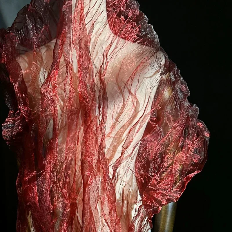 Irregular Pleated Laser Gradient Luminous Organza Fabric Glossy Glass Gauze Flower Wrapping Background Decor Designer Textile