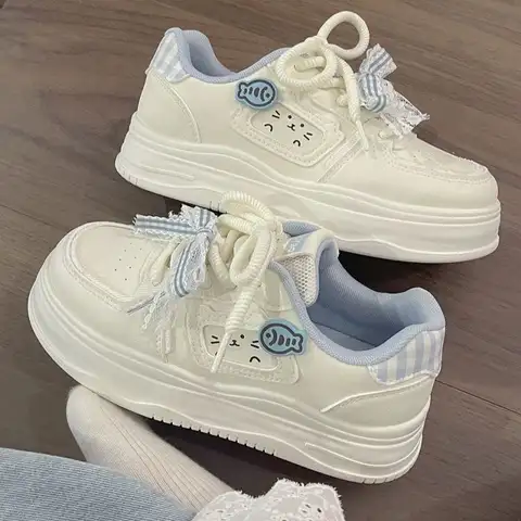 Mignon chat poisson fond épais baskets femme Faux cuir Pastel bleu gros formateur à lacets dessin animé chaussures de loisir à la mode pour les femmes