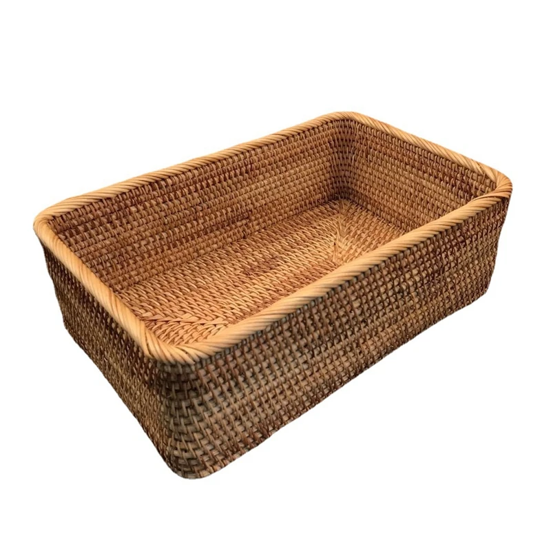 Hand-Woven Rattan Wicker Basket Fruit Tea Snack Bread Basket Cosmetic Rectangular Storage Box Household Kitchen Supplies