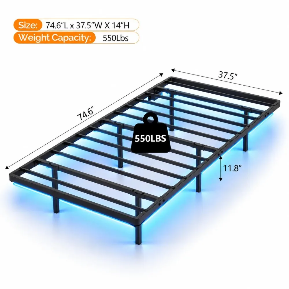 14 Inch Twin Floating Bed Frame Smart LED Lights and Charging Station, Single Platform Bed Foudation Base H No Box