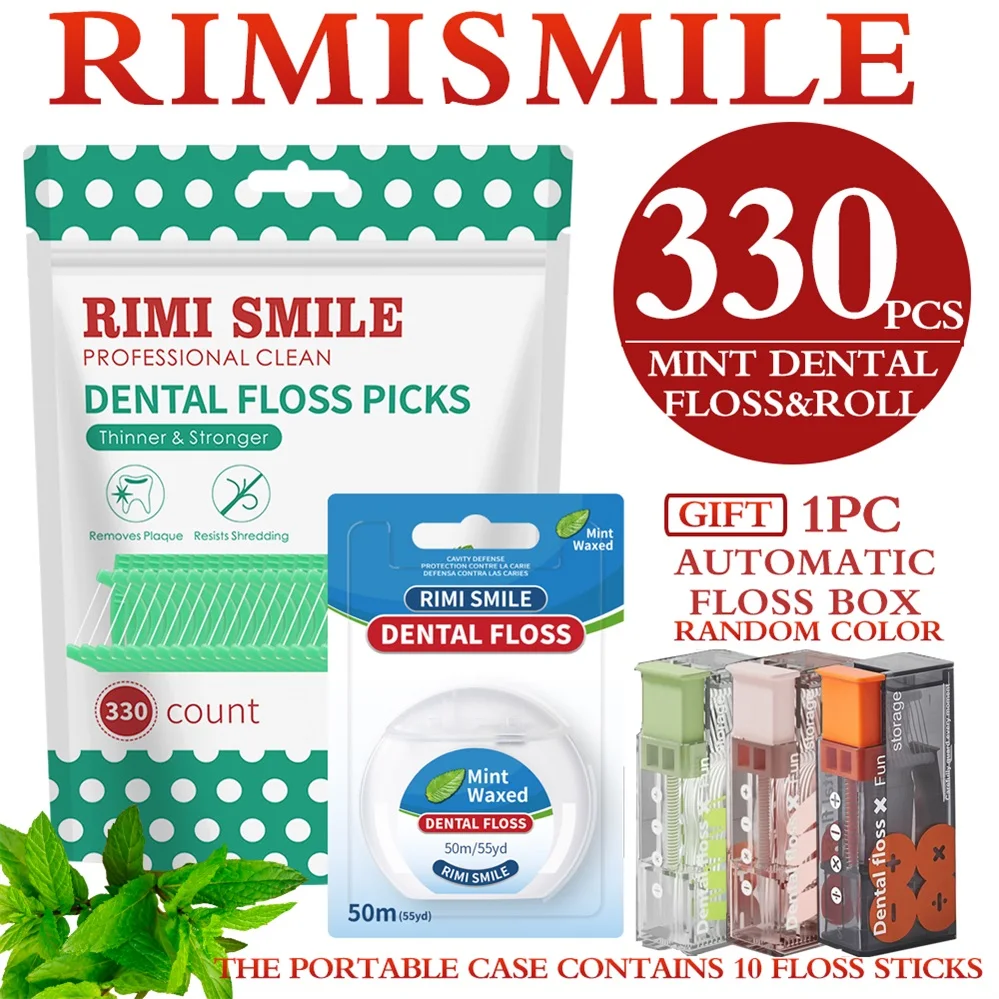 

Зубные нити Rimi Smile Mint с держателем, 330 штук + рулон зубной нити с мятным вкусом и портативным дорожным футляром, более тонкие и прочные