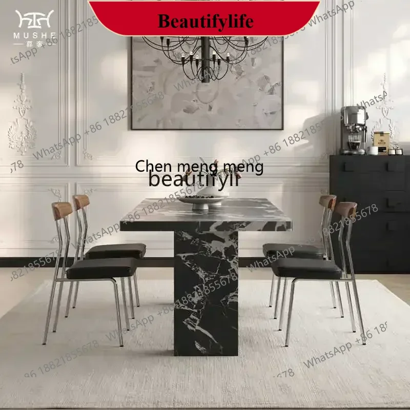 

D178 Retro wind rock slab dining table Household high-end rectangular dining table Black rock slab dining table