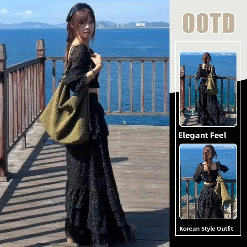 

Sexy Floral Print Short Top And Skirt Two-Piece Set Slimming Fashionable Spring Autumn Women's Casual Style Polyester Fabric